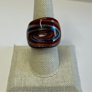 Murano Art Glass Swirl Ring Size 8 Maroon teal blue silver Venetian Handcrafted